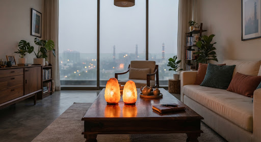 Atmospheric glowing Himalayan salt sanctuary against smog